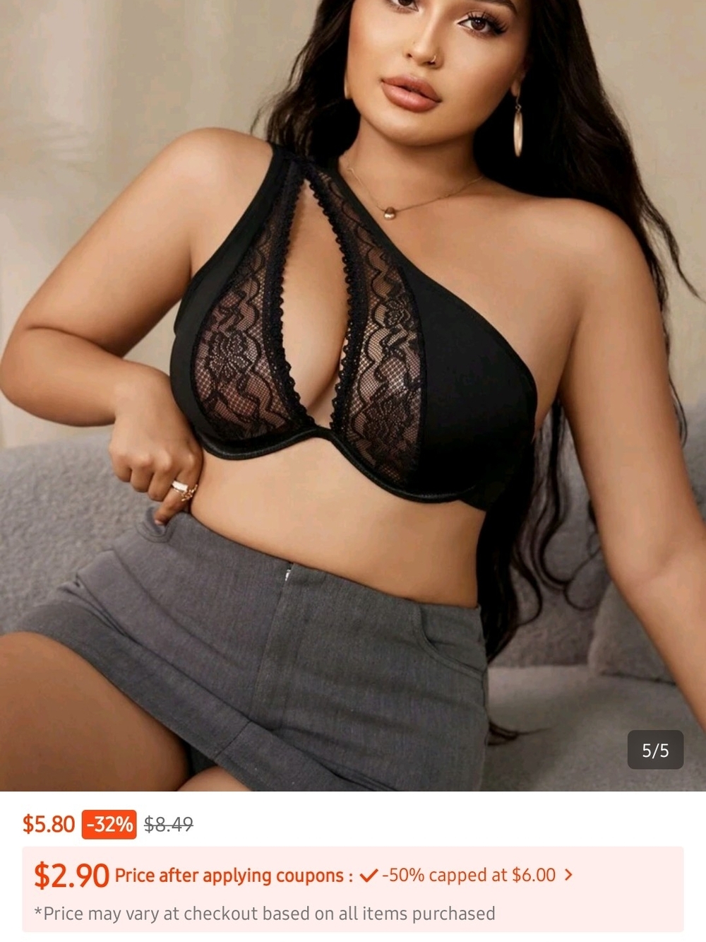 Black One-Shoulder Lace Underwire Bralette